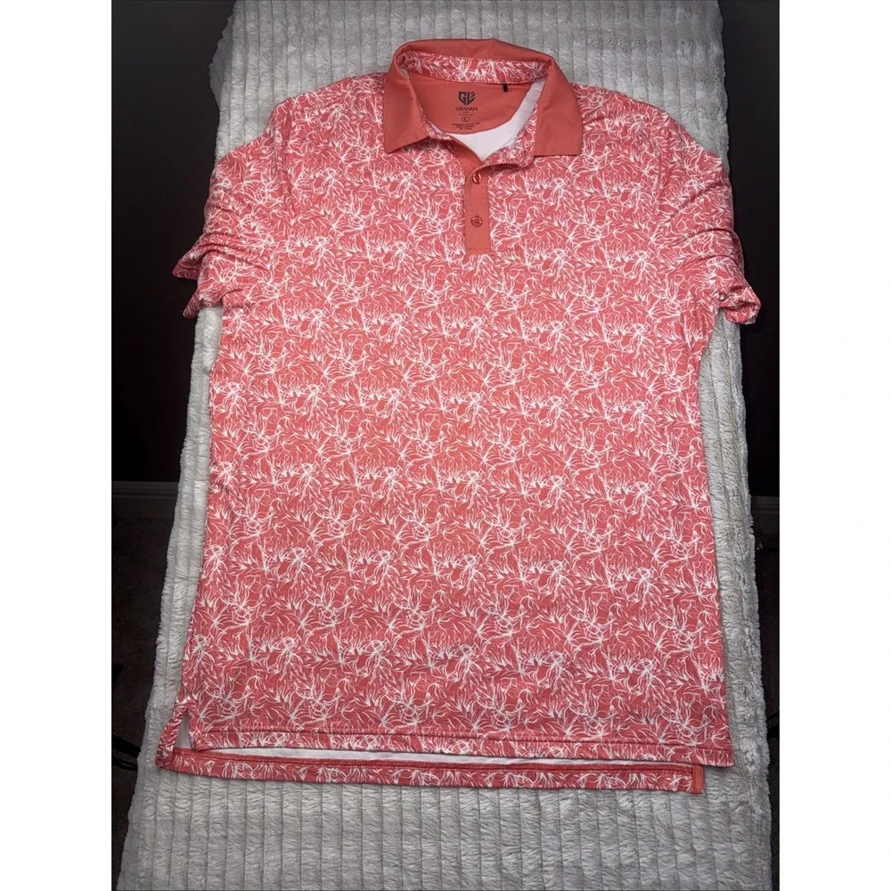 Graham Luxe Polo L Golf Shirts‎ Mens 2 Pack Bundle Set Coral Floral Blue Circles